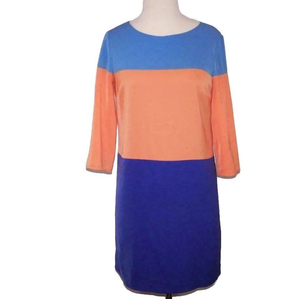 Cremieux Dress 4 Color Block 3/4 Sleeve Lined Keyhole Button Blue Orange Shift